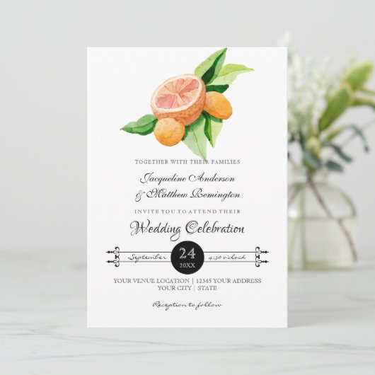 シシンプルトラスクンコートレモンオレンジタイポグラフィリーフ 招待状 (スタンド正面)