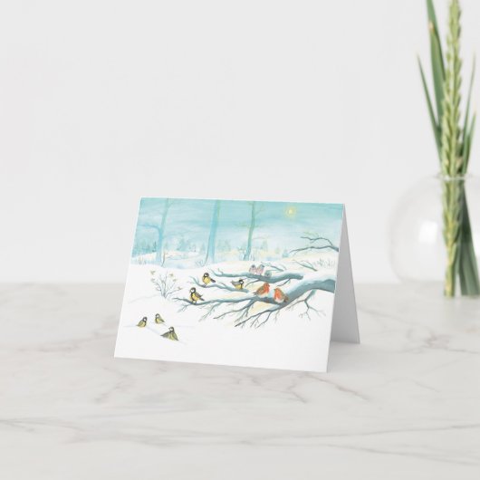 シジュウカラ、ルビーロビン、冬の雪の森 シーズンカード (正面)