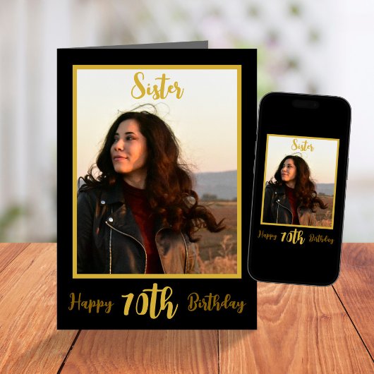 シスターエレガント70th誕生日ブラック金ゴールド写真 カード