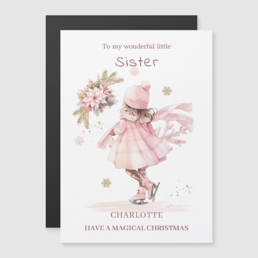 シスタークリスマススケートで滑る小さな女の子磁気カード (正面/裏面)