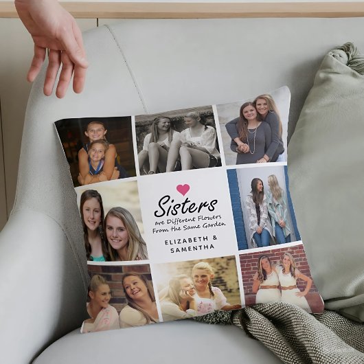 シスターススクリプト引用文ホットピンクハートフォトコラージュ クッション