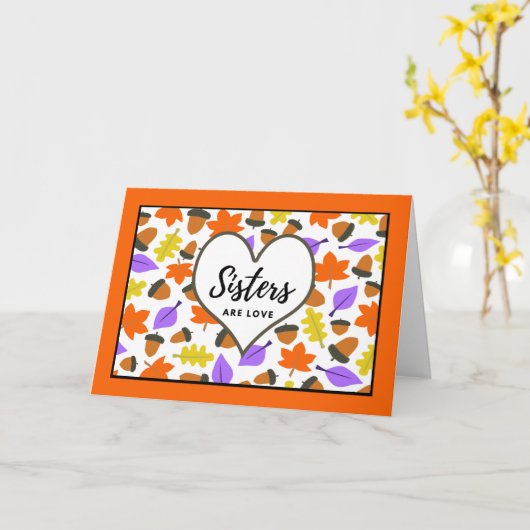 シスターズは愛の秋の誕生日葉とどんぐり カード (黄色い花)