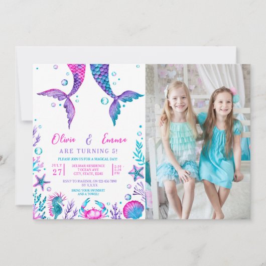 シスターズジョイント誕生日マーメイドプールパーティー写真 招待状 (正面)