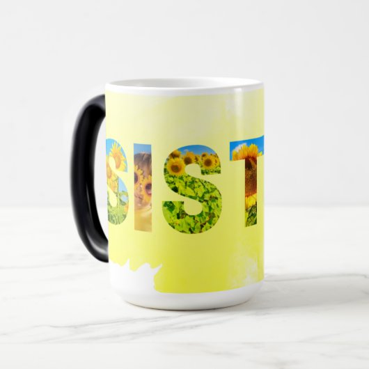 シスターユニークをテーマにした黄色のひまわり モーフィングマグカップ (正面左)