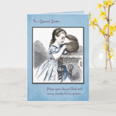 シスター誕生日とヴィンテージガールオープニングバスケット カード (黄色い花)