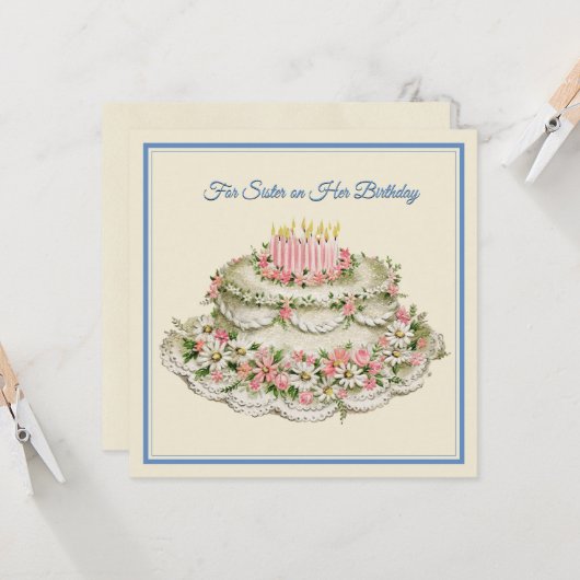 シスター誕生日カードヴィンテージフラワーケーキと詩 カード (正面/裏面インサイチュ)