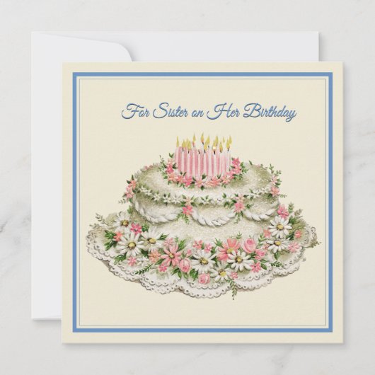 シスター誕生日カードヴィンテージフラワーケーキと詩 カード (正面)