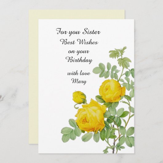 シスター誕生日フラットカード用イエローローズ (正面/裏面)