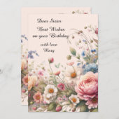 シスター誕生日フラットカード用ピンクの花 (正面/裏面)