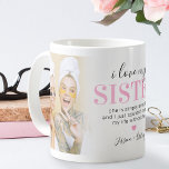 シスター2フォトギフト |ピンクシスター引用文 コーヒーマグカップ<br><div class="desc">お姉さんユニークのプレゼントを探して、この可愛い兄弟姉妹コーヒーマグは完璧だ。2枚の家族の写真を取り上げ、「私は妹を愛し、彼女は単に素晴らしいと私は彼女なしで私の人生を過ごすことができなかっ想像た」、ピンクのハート、あなたの名前。</div>