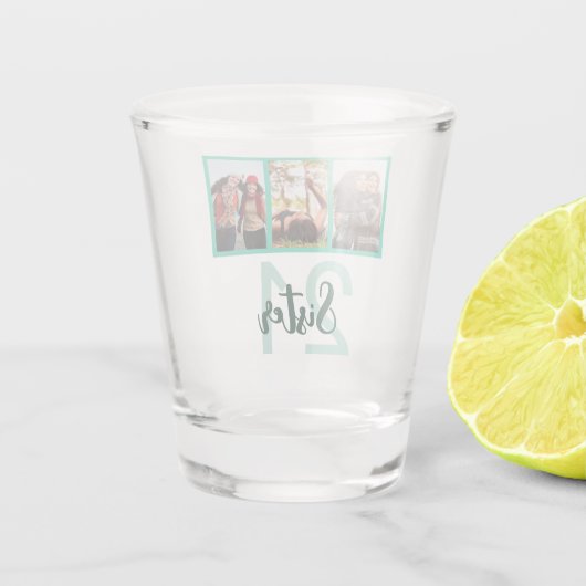 シスター21歳の誕生日ティール(緑がかった色)モダンフォトコラージュ ショットグラス (裏面)