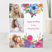 シスター3フォトブライトウォーター色フローラ誕生日 カード (正面)