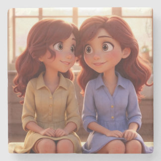 シスター・ボンド - 美しい姉妹のイラストアート ストーンコースター