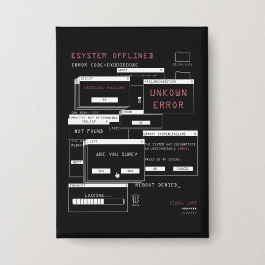 システムオフライン – テクノ-Brutalistデザイン 缶バッジ (正面)