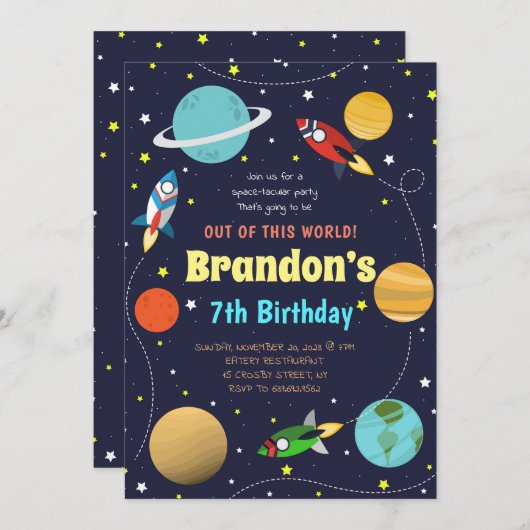 システ太陽のム宇宙をテーマにした誕生日 招待状 (正面/裏面)