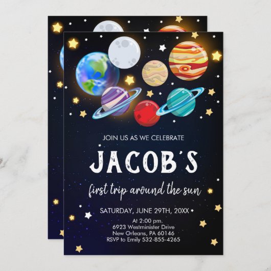 システ太陽のム誕生日、宇宙、惑星誕生日 招待状 (正面/裏面)