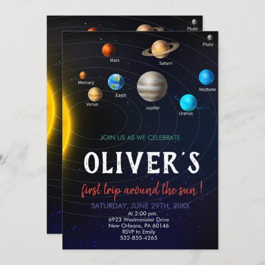 システ太陽のム誕生日、宇宙、惑星誕生日 招待状 (正面/裏面)