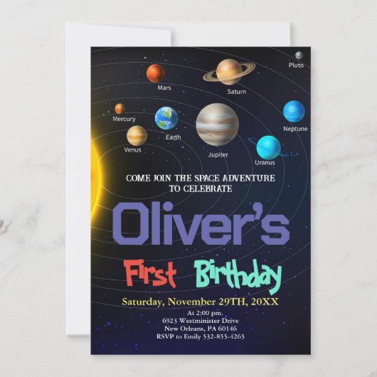 システ太陽のム誕生日、宇宙、惑星誕生日 招待状 (正面)