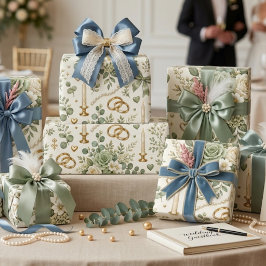 シソグリーンの金色の花柄の結婚式のギフト包装紙 鳩 ラッピングペーパー