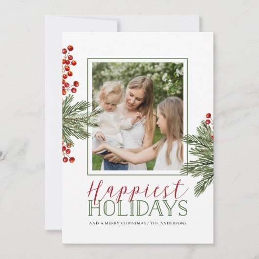 シダとホリーベリー写真クリスマスカード 招待状 (正面)