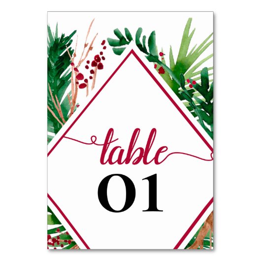 シダと果実の冬の結婚式のテーブル番号 テーブルナンバー (正面)