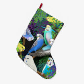 シダのクリスマスのストッキングのBudgieのインコ ラージクリスマスストッキング (正面 (吊り時))