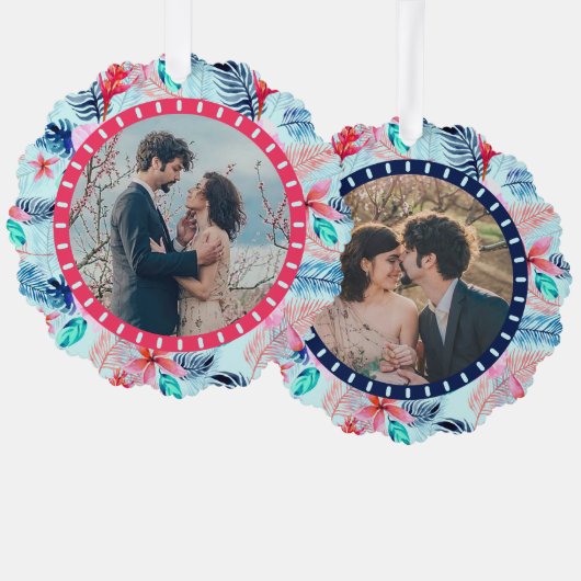 シダのハイビスカスフラワートロピカル2カスタム枚の写真 オーナメントカード (正面/裏面)