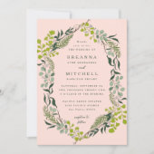 シダのユーカリ手描き緑のピンク結婚ズ 招待状 (正面)