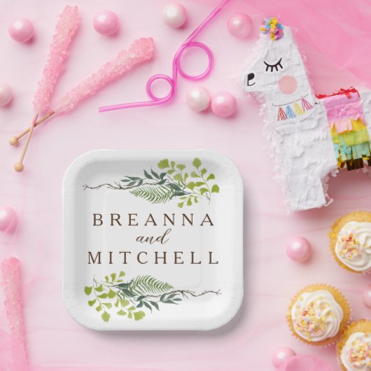 シダのユーカリ手描き緑結婚の ペーパープレート (パーティー)