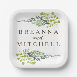シダのユーカリ手描き緑結婚の ペーパープレート