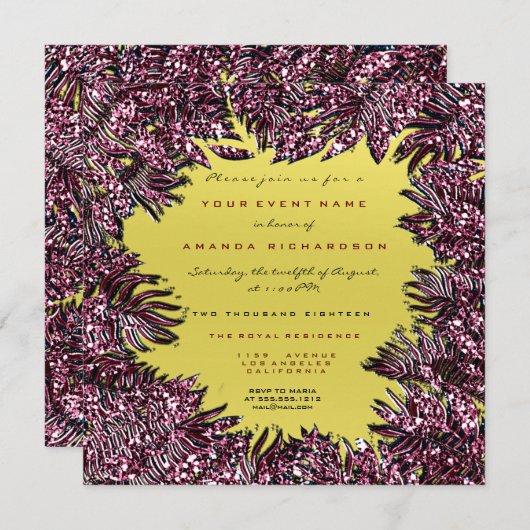 シダの葉のフレーム金属ブルゴーニュ赤い黄色 招待状 (正面/裏面)