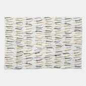 シダプリントティータオル;金ゴールド、グレー、アイボリーと黒 キッチンタオル (横)