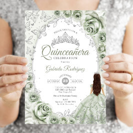 シダーグリーンのシルバーフラワーQuinceanera 招待状