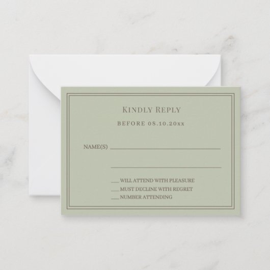 シダーグリーンの結婚式返信RSVP ノートカード (正面)