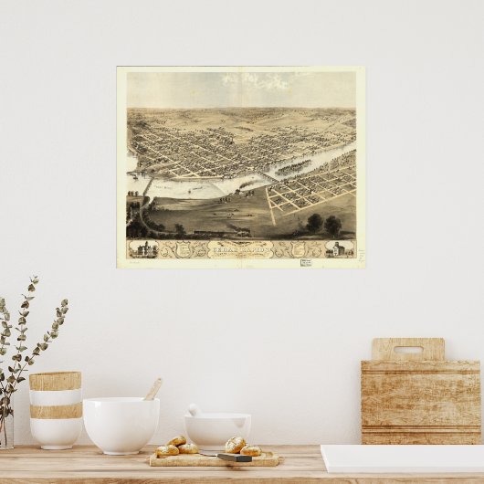 シダーラピッズアイオワ1868アンティークパノラママップ ポスター (キッチン)