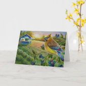 シダーワックスウィングバードブルーベリーファームウォーターカラーアート カード (黄色い花)