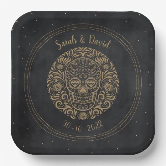 シチュアルブラック金ゴールドフローラスカルゴシック ペーパープレート (正面)