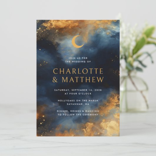 シチュアル抽象芸術ブルーゴールデン結婚ムーン 招待状 (スタンド正面)