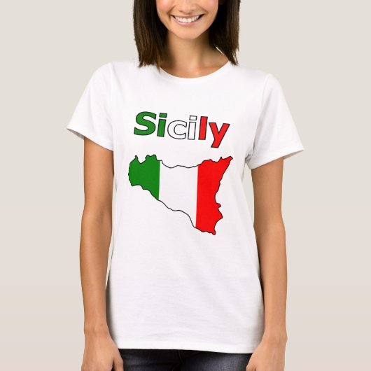 シチリアと旗の色イタリアンの地図 Tシャツ (正面)