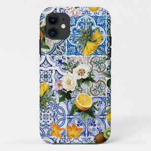 シチリアのスタイルのタイルで、花とレモンが付きます iPhone 11 ケース