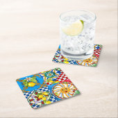 シチリアのタイル，マジョリカ，レモン スクエアペーパーコースター (インサイチュ)