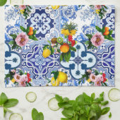 シチリアのタイル，マジョリカ，レモン，柑橘類 キッチンタオル (折り畳み)