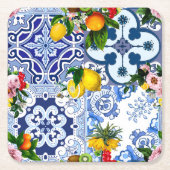 シチリアのタイル，マジョリカ，レモン，柑橘類 スクエアペーパーコースター (正面)