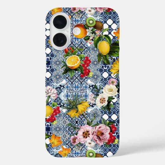 シチリアのレモンと花のヴィンテージタイルのパターン Case-Mate iPhoneケース (裏面)