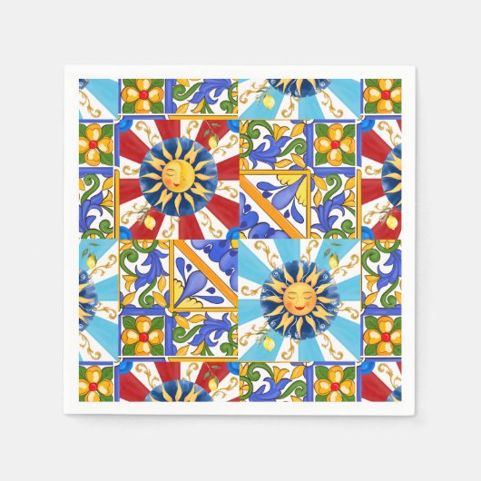 シチリアの太陽、マジョリカ、レモン、 スタンダードカクテルナプキン (正面)