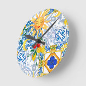 シチリアの太陽，レモン，マジョリカ，テーブルランナー ラウンド壁時計 (傾斜)