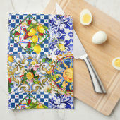 シチリアの太陽、レモン、地中海のタイル、 キッチンタオル (四つ折り)