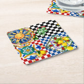 シチリアの太陽、レモン、地中海のタイル、 スクエアペーパーコースター (アングル)