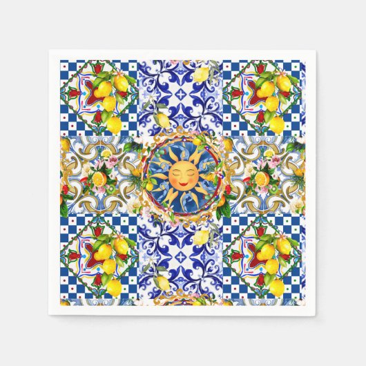 シチリアの太陽、レモン、地中海のタイル、 スタンダードカクテルナプキン (正面)