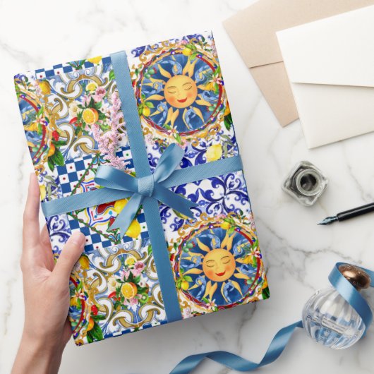 シチリアの太陽、レモン、地中海のタイル、 ラッピングペーパー (ギフト)